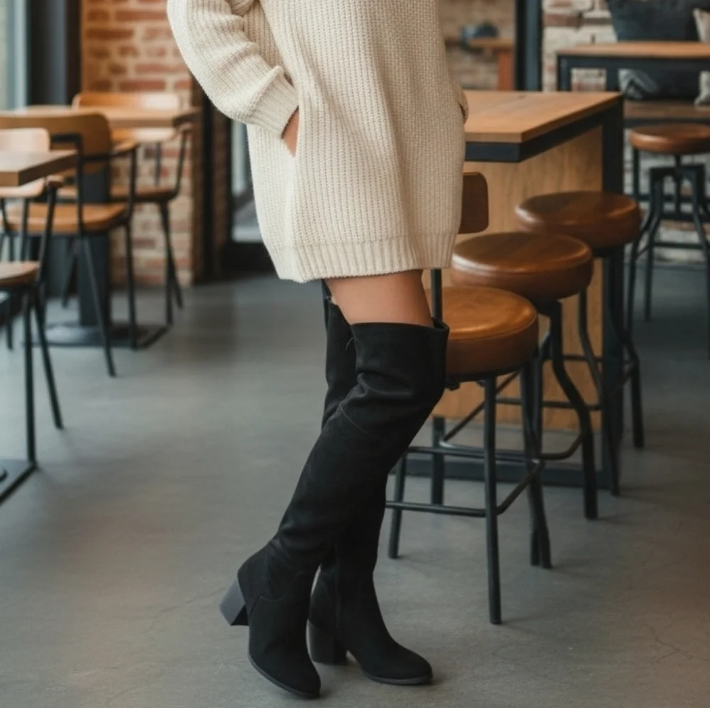 BP NORDSTROM Luke OTK Boots 6 Black Vegan Suede Over the Knee Fold Down Tall